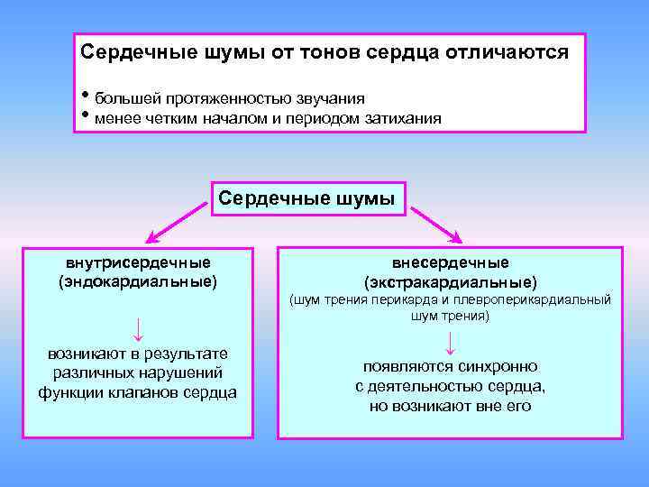 Сердечные шумы от тонов сердца отличаются • большей протяженностью звучания • менее четким началом