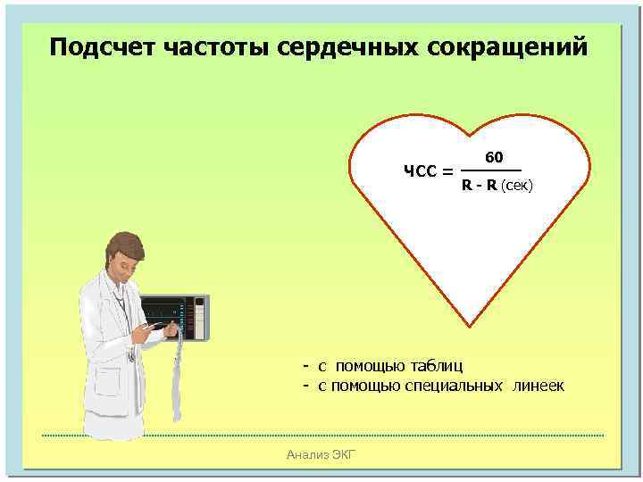 Подсчет частоты сердечных сокращений ЧСС = 60 R - R (сек) - с помощью