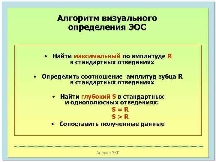 Алгоритм визуального определения ЭОС • Найти максимальный по амплитуде R в стандартных отведениях •