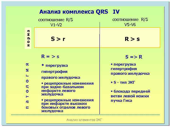 Анализ комплекса QRS IV норма соотношение R/S V 1 -V 2 S>r R>s R=>s