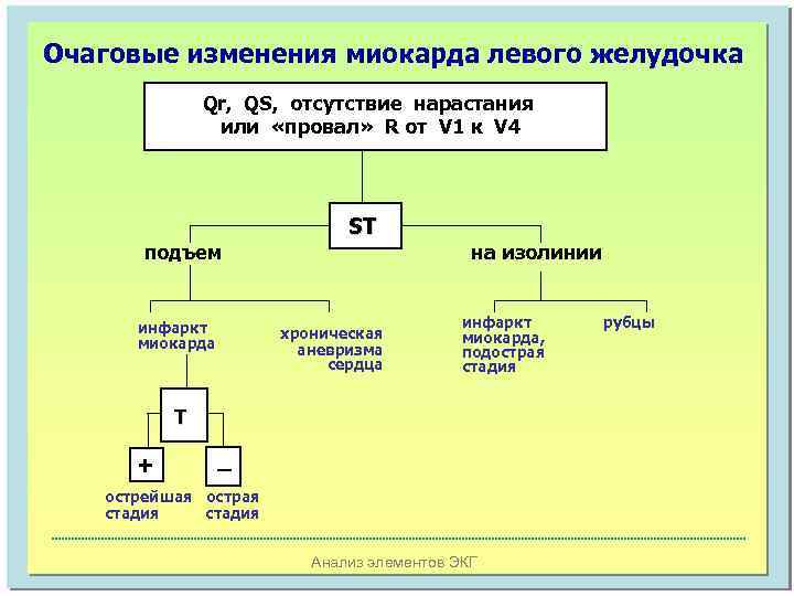 Очаговые изменения миокарда левого желудочка Qr, QS, отсутствие нарастания или «провал» R от V