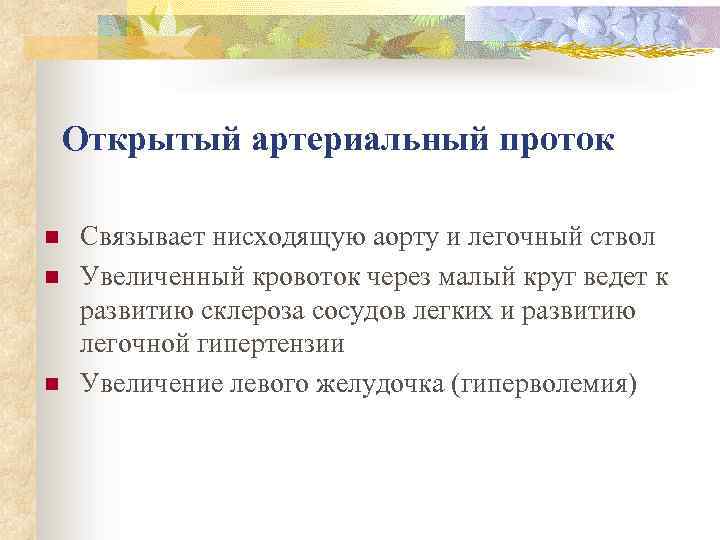 Открытый артериальный проток n n n Связывает нисходящую аорту и легочный ствол Увеличенный кровоток