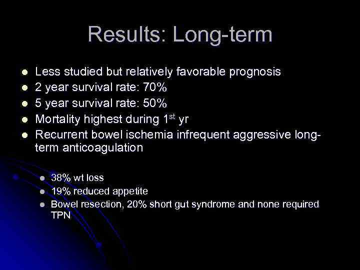 Results: Long-term l l l Less studied but relatively favorable prognosis 2 year survival