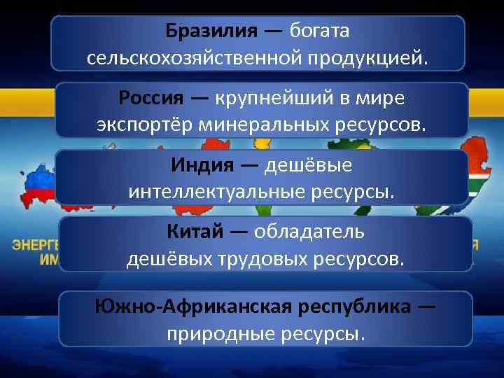 Бразилия — богата сельскохозяйственной продукцией. Россия — крупнейший в мире экспортёр минеральных ресурсов. Индия