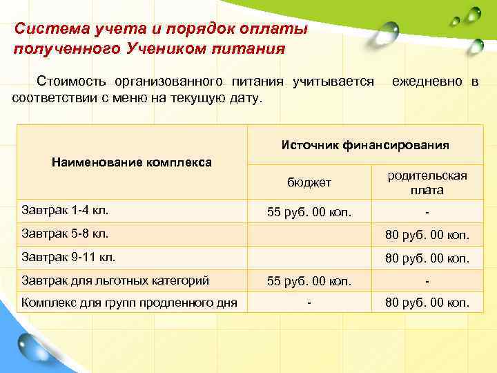 Система учета и порядок оплаты полученного Учеником питания Стоимость организованного питания учитывается ежедневно в