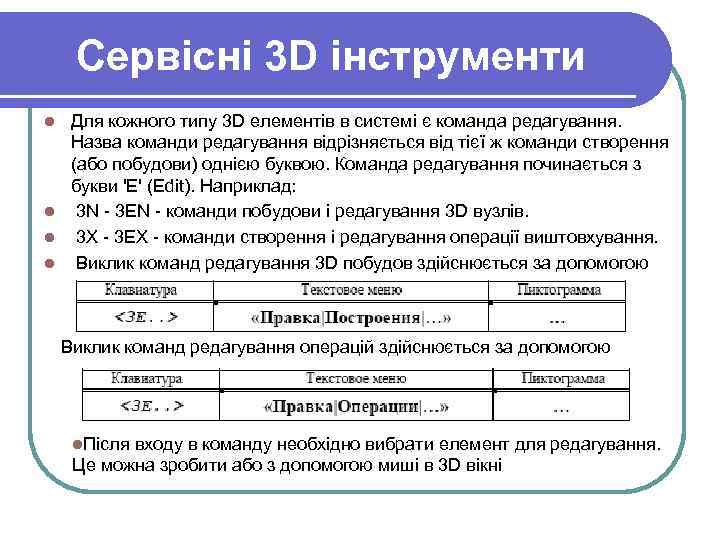 Сервісні 3 D інструменти Для кожного типу 3 D елементів в системі є команда