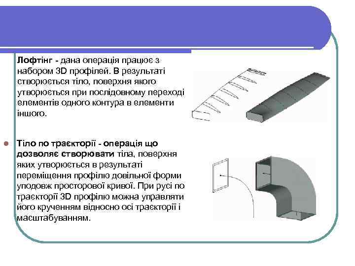 Лофтінг - дана операція працює з набором 3 D профілей. В результаті створюється тіло,
