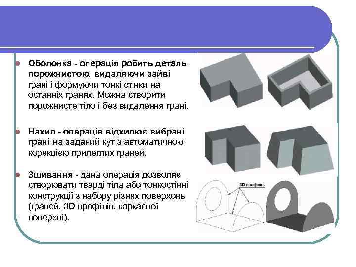 l Оболонка - операція робить деталь порожнистою, видаляючи зайві грані і формуючи тонкі стінки