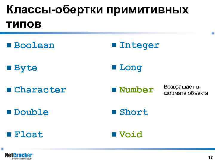 Классы-обертки примитивных типов n Boolean n Integer n Byte n Long n Character n