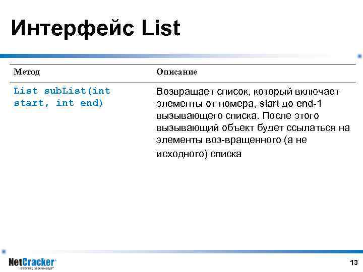 Интерфейс List Метод Описание List sub. List(int start, int end) Возвращает список, который включает