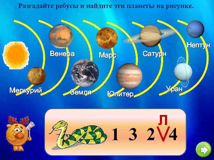 Разгадайте ребусы и найдите эти планеты на рисунке. Нептун Меркурий Земля Марс Юпитер Сатурн