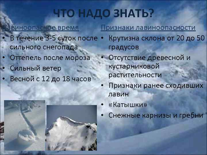 ЧТО НАДО ЗНАТЬ? Лавиноопасное время Признаки лавиноопасности • В течение 3 -5 суток после