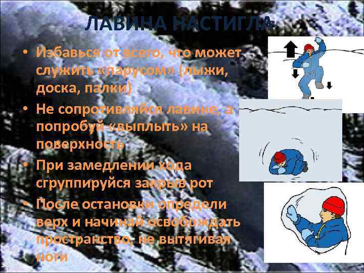 ЛАВИНА НАСТИГЛА • Избавься от всего, что может служить «парусом» (лыжи, доска, палки) •
