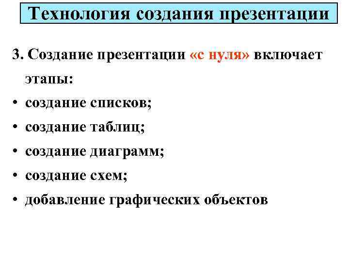 Технология создания презентации 3. Создание презентации «с нуля» включает этапы: • создание списков; •