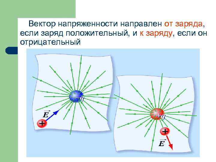 Вектор напряженности направлен от заряда, если заряд положительный, и к заряду, если он отрицательный