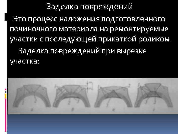 Заделка повреждений Это процесс наложения подготовленного починочного материала на ремонтируемые участки с последующей прикаткой