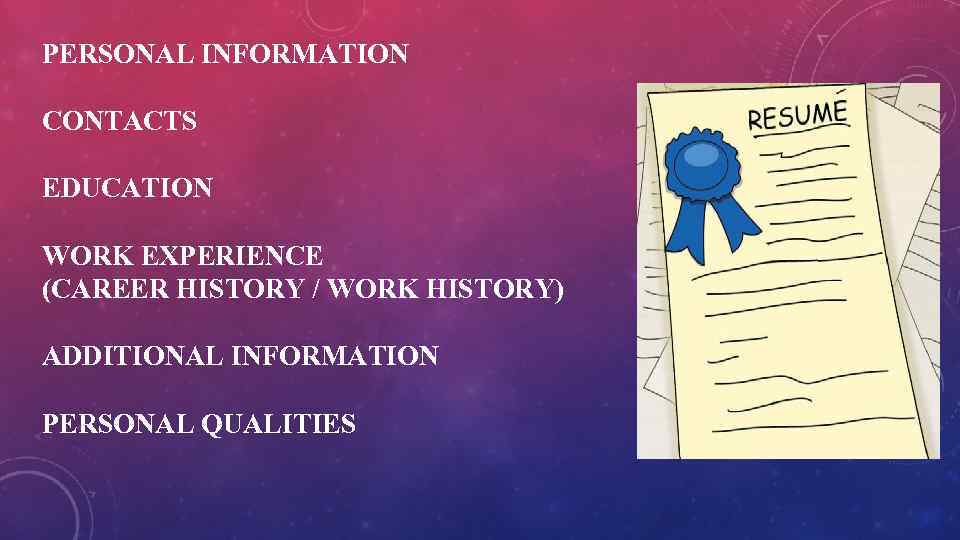 PERSONAL INFORMATION CONTACTS EDUCATION WORK EXPERIENCE (CAREER HISTORY / WORK HISTORY) ADDITIONAL INFORMATION PERSONAL