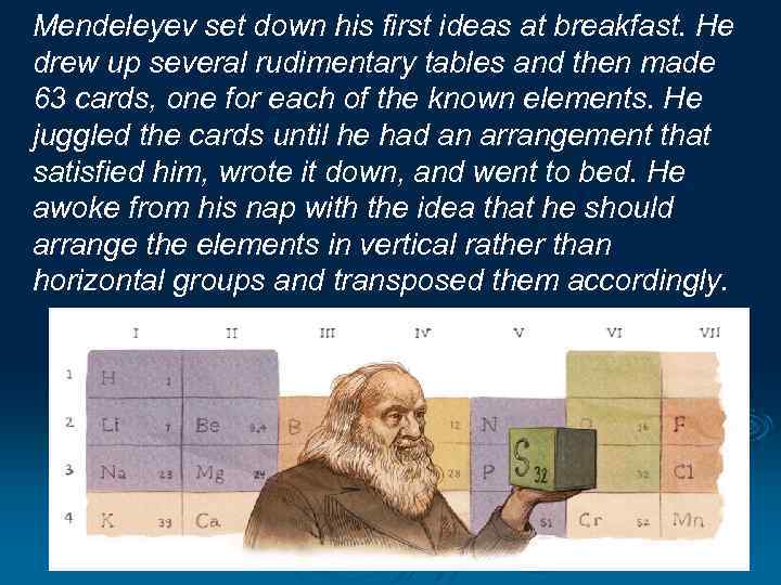Mendeleyev set down his first ideas at breakfast. He drew up several rudimentary tables