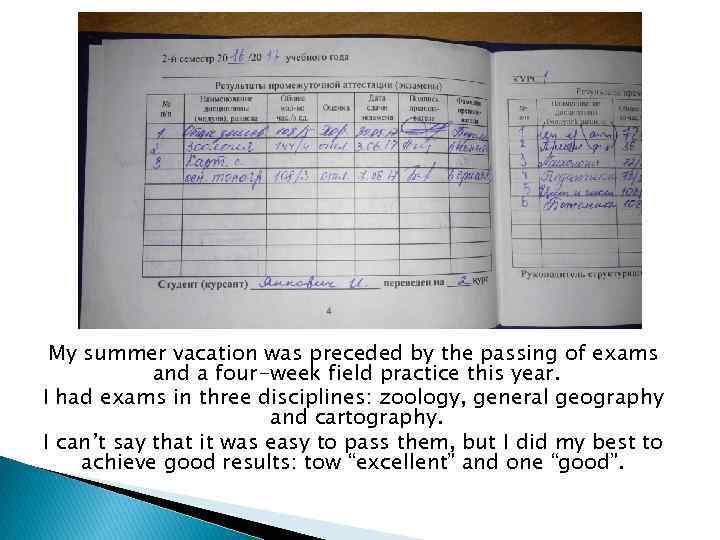 My summer vacation was preceded by the passing of exams and a four-week field