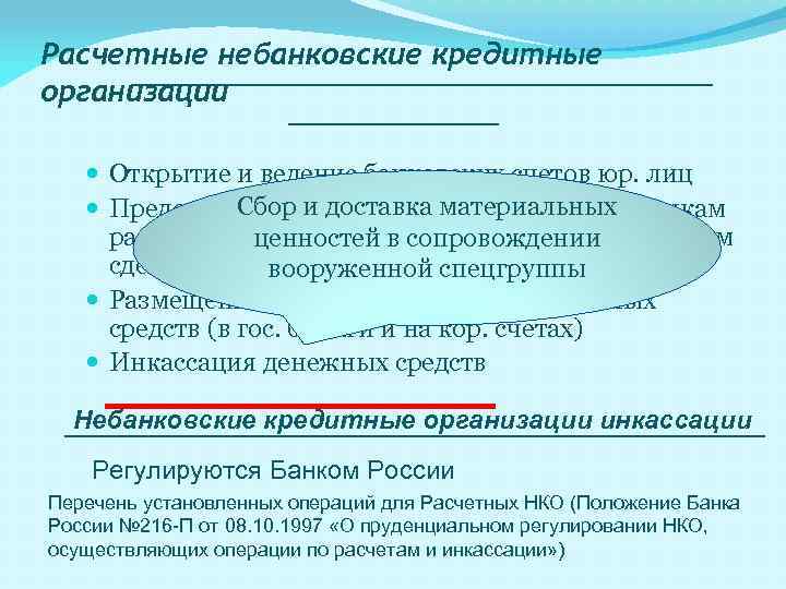 Расчетные небанковские кредитные организации Открытие и ведение банковских счетов юр. лиц Сбор и доставка