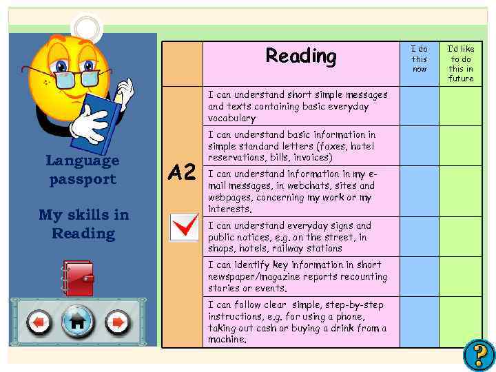 Reading I can understand short simple messages and texts containing basic everyday vocabulary Language
