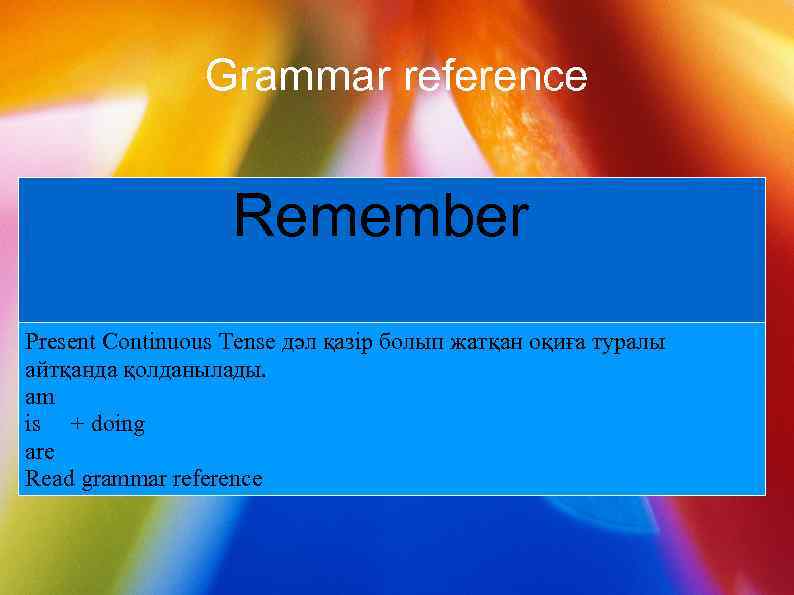 Grammar reference Remember Present Continuous Tense дәл қазір болып жатқан оқиға туралы айтқанда қолданылады.