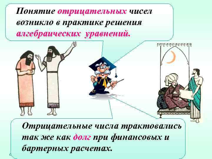 Понятие отрицательных чисел возникло в практике решения алгебраических уравнений. Отрицательные числа трактовались так же