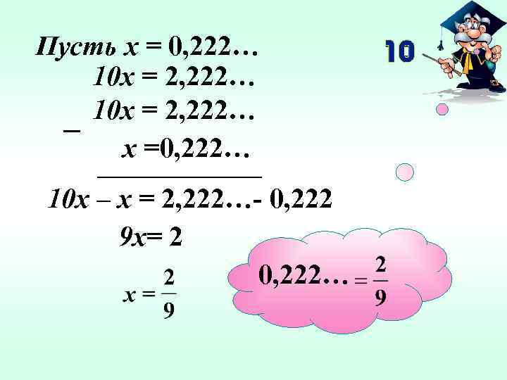 Пусть х = 0, 222… 10 х = 2, 222… х =0, 222… 10