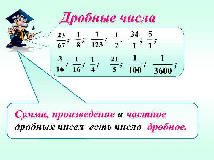 Дробные числа Сумма, произведение и частное дробных чисел есть число дробное. 