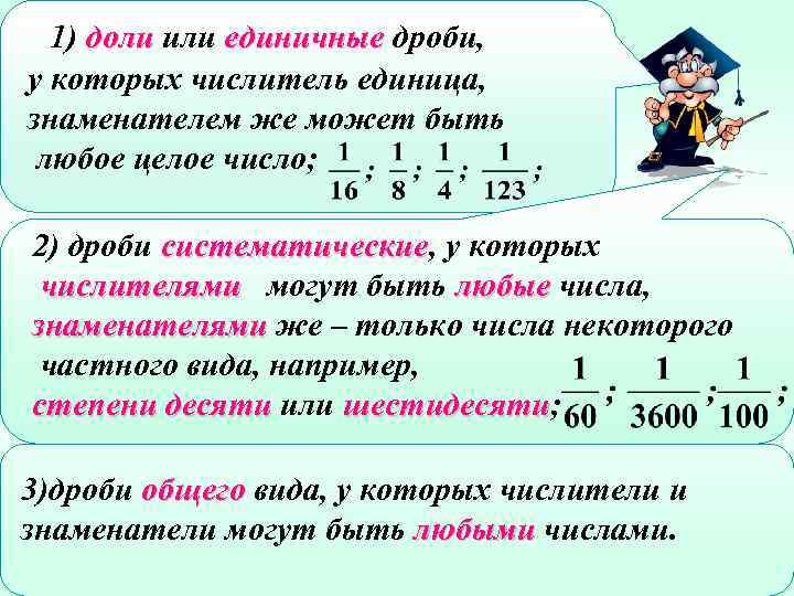 1) доли или единичные дроби, у которых числитель единица, знаменателем же может быть любое
