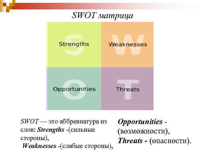 SWOT матрица SWOT — это аббревиатура из Opportunities слов: Strengths -(сильные (возможности), стороны), Threats