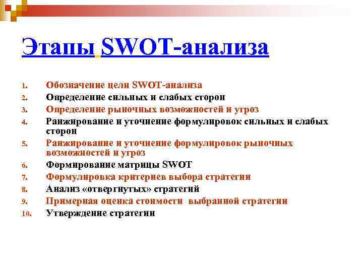 Этапы SWOT-анализа 1. 2. 3. 4. 5. 6. 7. 8. 9. 10. Обозначение цели