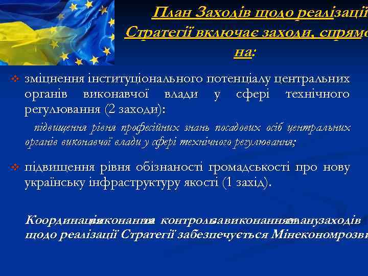 План Заходів щодо реалізації Стратегії включає заходи, спрямо на: v зміцнення інституціонального потенціалу центральних