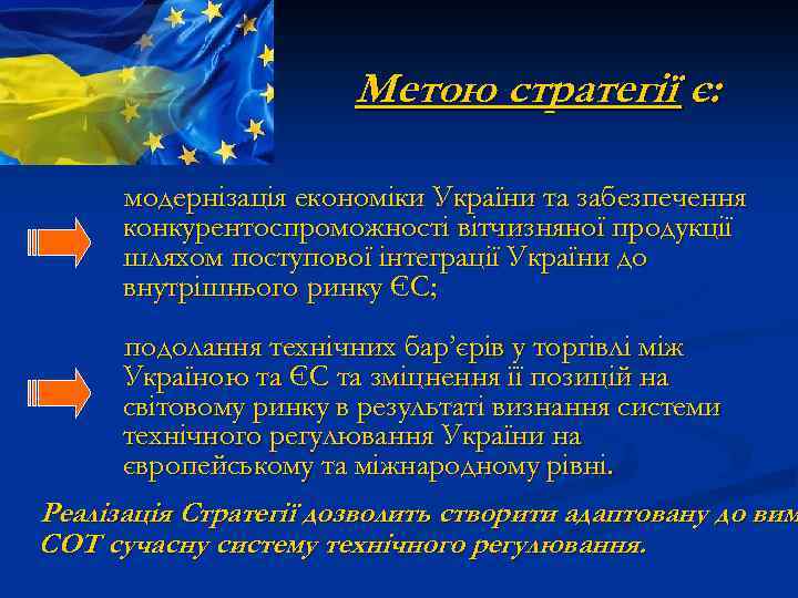 Метою стратегії є: модернізація економіки України та забезпечення конкурентоспроможності вітчизняної продукції шляхом поступової інтеграції