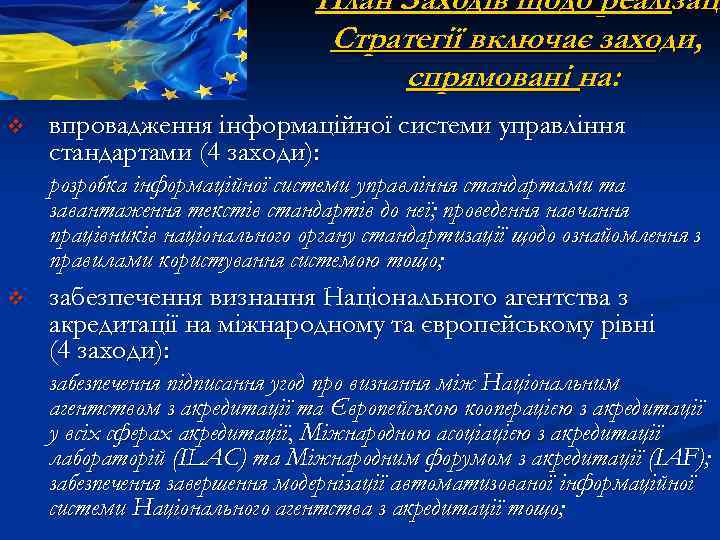 План Заходів щодо реалізаці Стратегії включає заходи, спрямовані на: v впровадження інформаційної системи управління