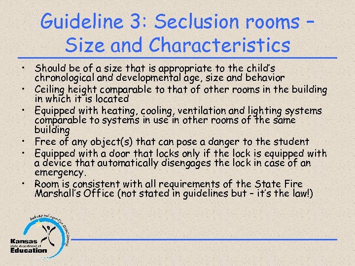 Guideline 3: Seclusion rooms – Size and Characteristics • Should be of a size