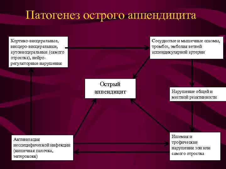 Патогенез острого аппендицита Кортико-висцеральные, висцеро-висцеральные, аутовисцеральные (самого отростка), нейрорегуляторные нарушения Сосудистые и мышечные спазмы,