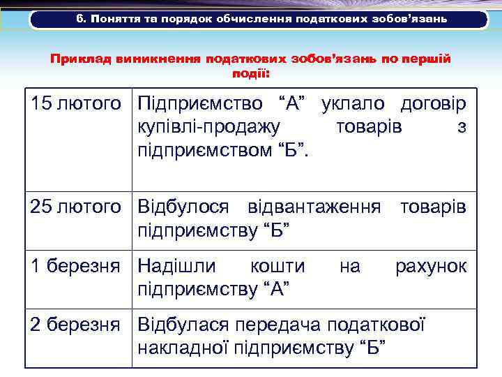 6. Поняття та порядок обчислення податкових зобов’язань Приклад виникнення податкових зобов’язань по першій події: