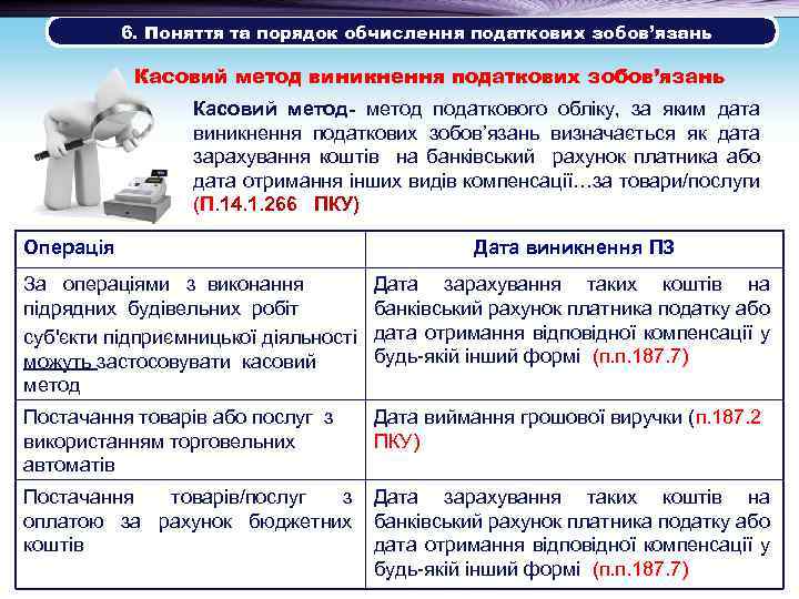  6. Поняття та порядок обчислення податкових зобов’язань Касовий метод виникнення податкових зобов’язань Касовий