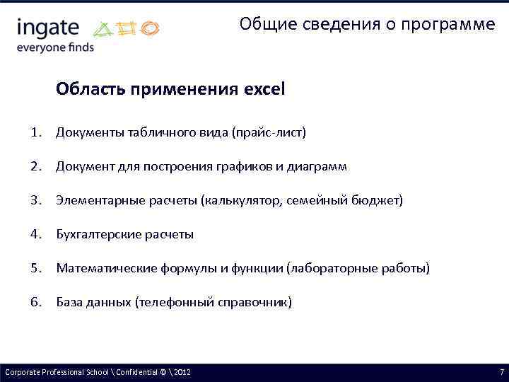 Общие сведения о программе Область применения excel 1. Документы табличного вида (прайс-лист) 2. Документ