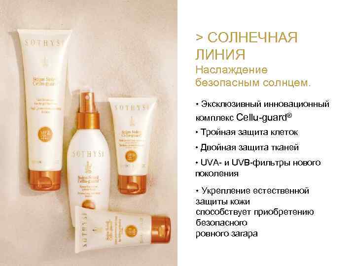 > СОЛНЕЧНАЯ ЛИНИЯ Наслаждение безопасным солнцем. • Эксклюзивный инновационный комплекс Cellu-guard® • Тройная защита