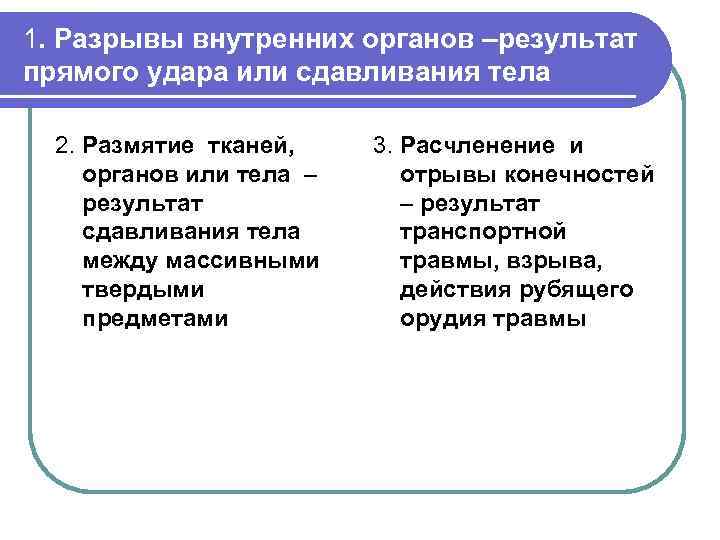 1. Разрывы внутренних органов –результат прямого удара или сдавливания тела 2. Размятие тканей, органов