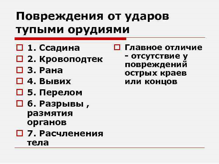 Повреждения от ударов тупыми орудиями 1. Ссадина 2. Кровоподтек 3. Рана 4. Вывих 5.