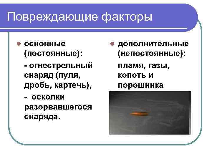 Повреждающие факторы l основные (постоянные): - огнестрельный снаряд (пуля, дробь, картечь), - осколки разорвавшегося