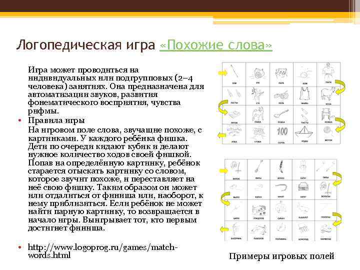 Логопедическая игра «Похожие слова» Игра может проводиться на индивидуальных или подгрупповых (2– 4 человека)