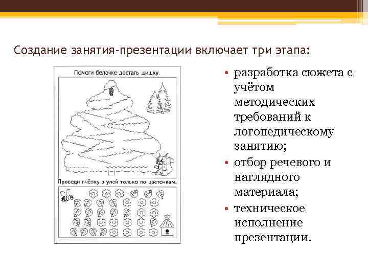 Создание занятия-презентации включает три этапа: • разработка сюжета с учётом методических требований к логопедическому