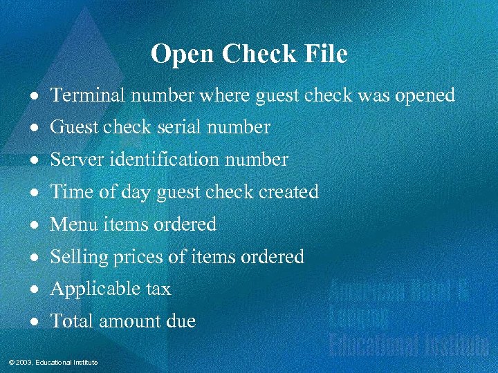 Open Check File · Terminal number where guest check was opened · Guest check