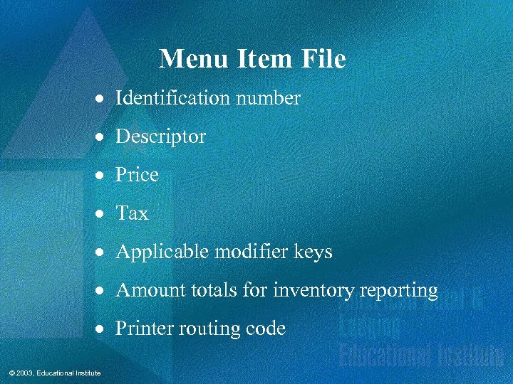 Menu Item File · Identification number · Descriptor · Price · Tax · Applicable