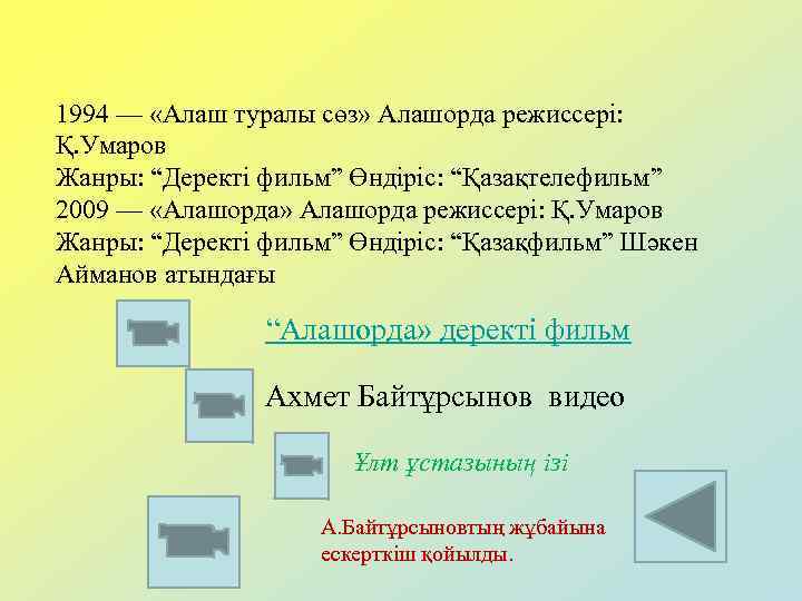 1994 — «Алаш туралы сөз» Алашорда режиссері: Қ. Умаров Жанры: “Деректі фильм” Өндіріс: “Қазақтелефильм”