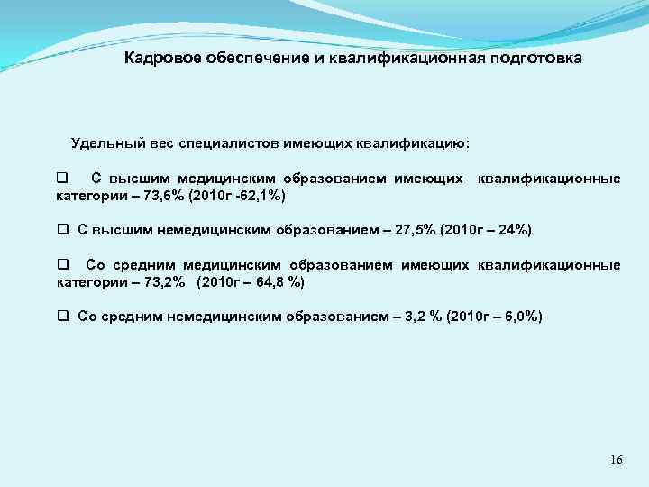 Кадровое обеспечение и квалификационная подготовка Удельный вес специалистов имеющих квалификацию: q С высшим медицинским